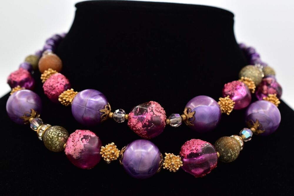 DEAUVILLE Vintage Beaded Collar Necklace Purple Pink Chunky Signed 1950s BinBE